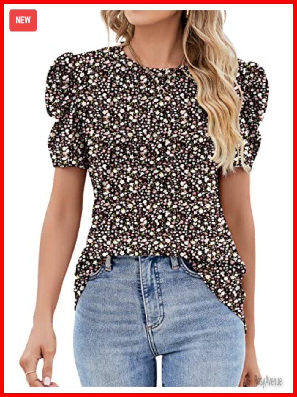 Puff Sleeve Eyelet Top Women Summer Lace Crewneck Blouse Loose Fit